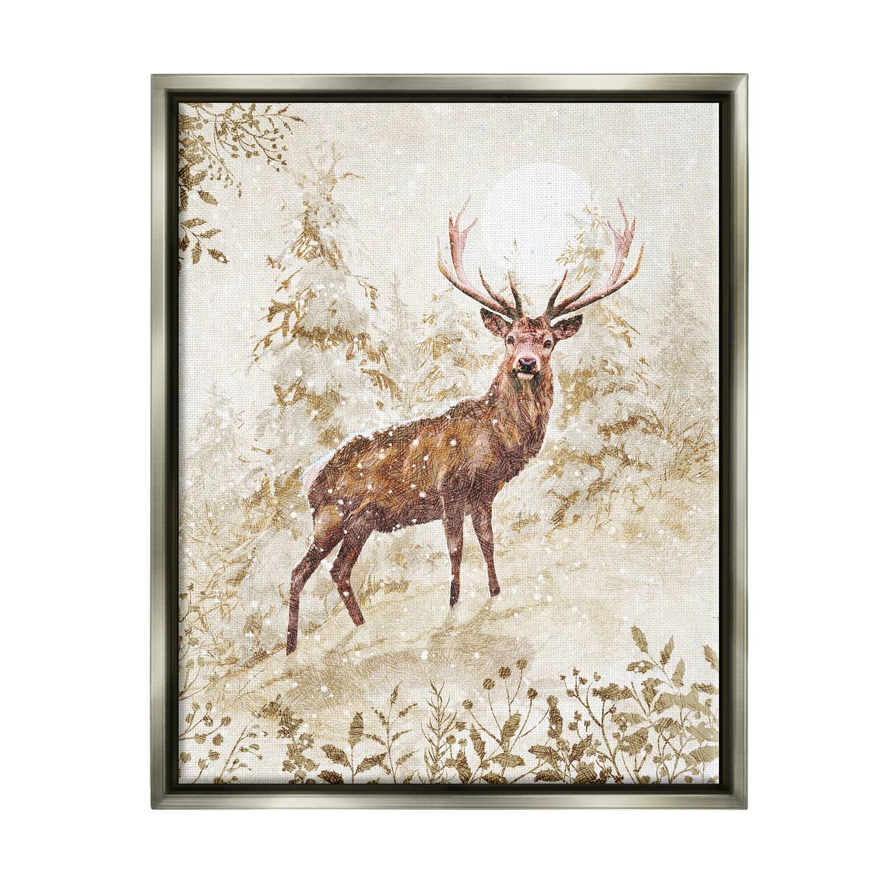 Stupell Industries Elk Snow Covered Forest Black Framed Floater Canvas Wall Art
